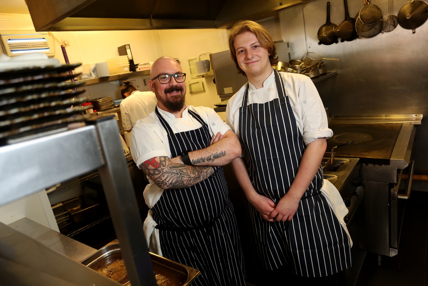 New Greater Brighton Metropolitan College photography. Pictured is James Villiers and apprentice Piero Grossi at The Ginger Dog Restaurant. Monday 6th March 2017. Photograph by Sam Stephenson, 07880 703135, www.samstephenson.co.uk.