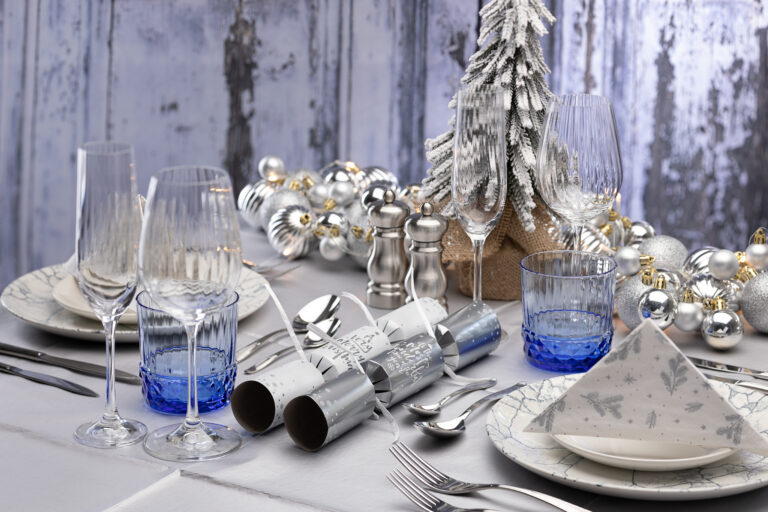 a table decorated with silvers and blues, getting ready for a Brighton Christmas