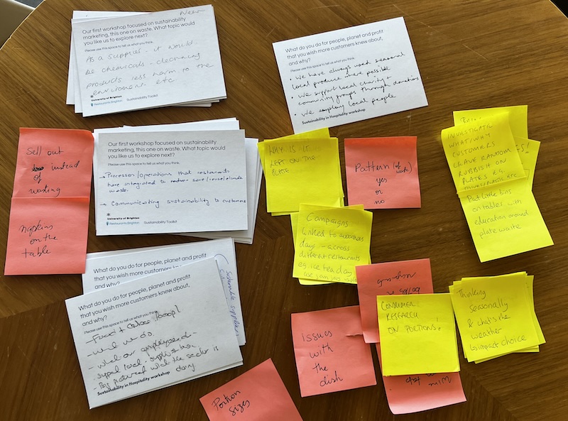 Handwritten post-it notes and cards displayed on a wooden table.