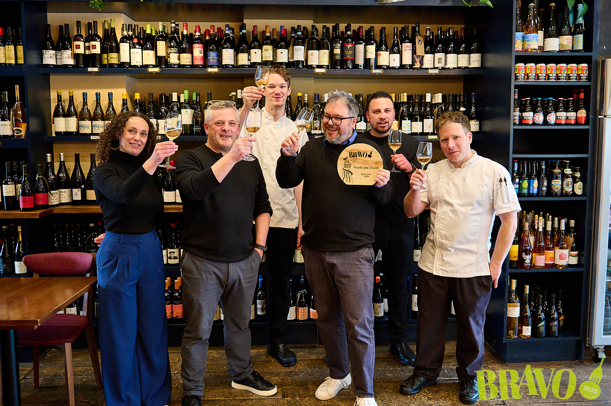 The team at Fourth and Church celebrating their best lunch win at the BRAVO Awards. 