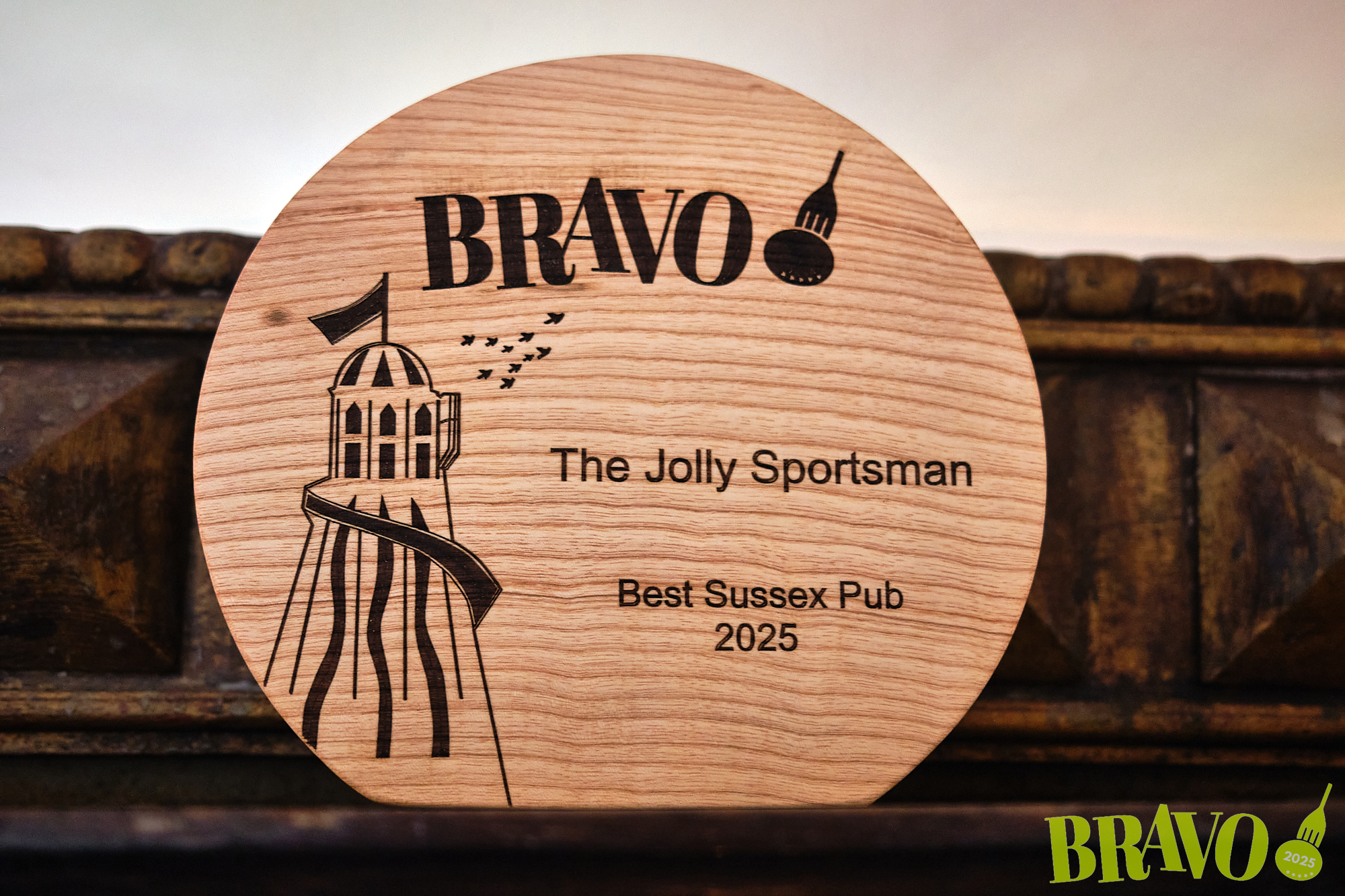 The BRAVO trophy. Awarded to The Jolly Sportsman for best Sussex pub
