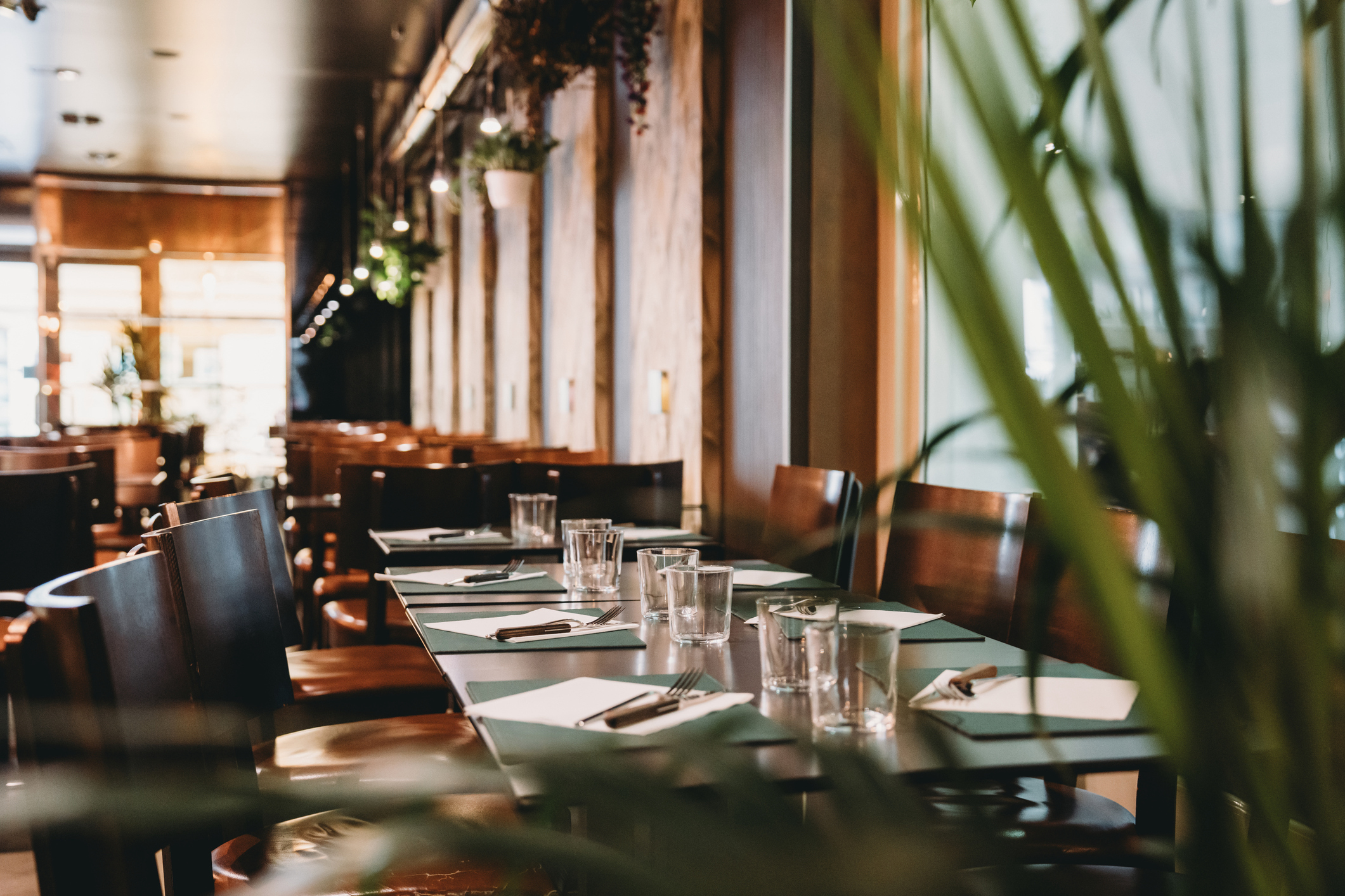 Stylish restaurant interior featuring empty tables elegantly set for dining, creating a warm and inviting ambiance for future guests