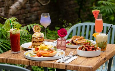 side shot of the table in garden at Oeuf laid out with brunch dishes