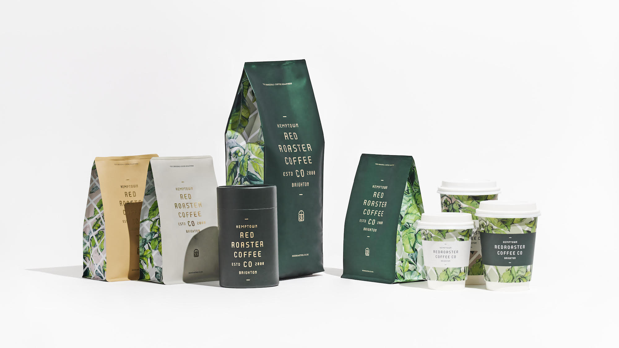 Redroaster speciality coffee. Pictured all the branding for redroaster in the green bags on a white background. Part of the Sussex Shortlist Directory. Sussex Suppliers to the hospitality industry.