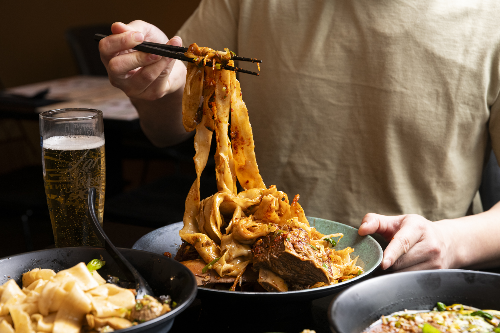 The Biang Biang noodles served with meat at Shaaxni Brighton, located on Preston Street or Restaurant Street.