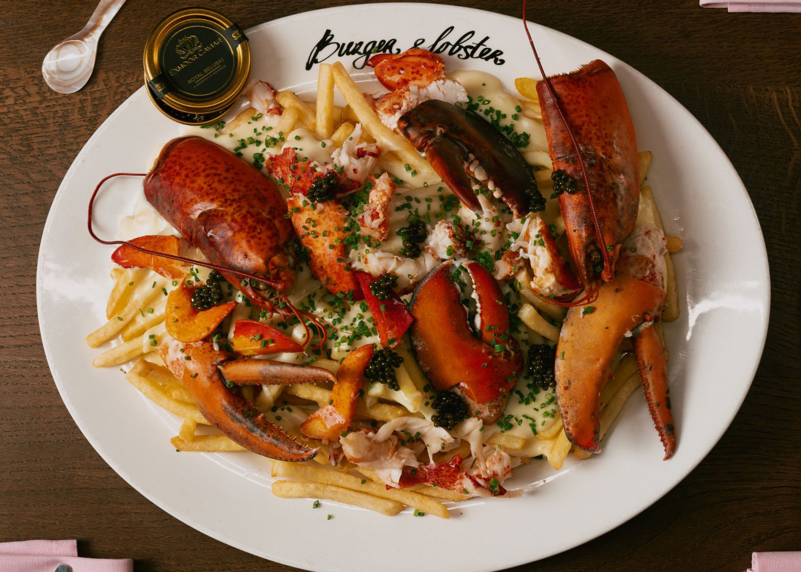 shot of the Burger and Lobster dish. Lobster with chips