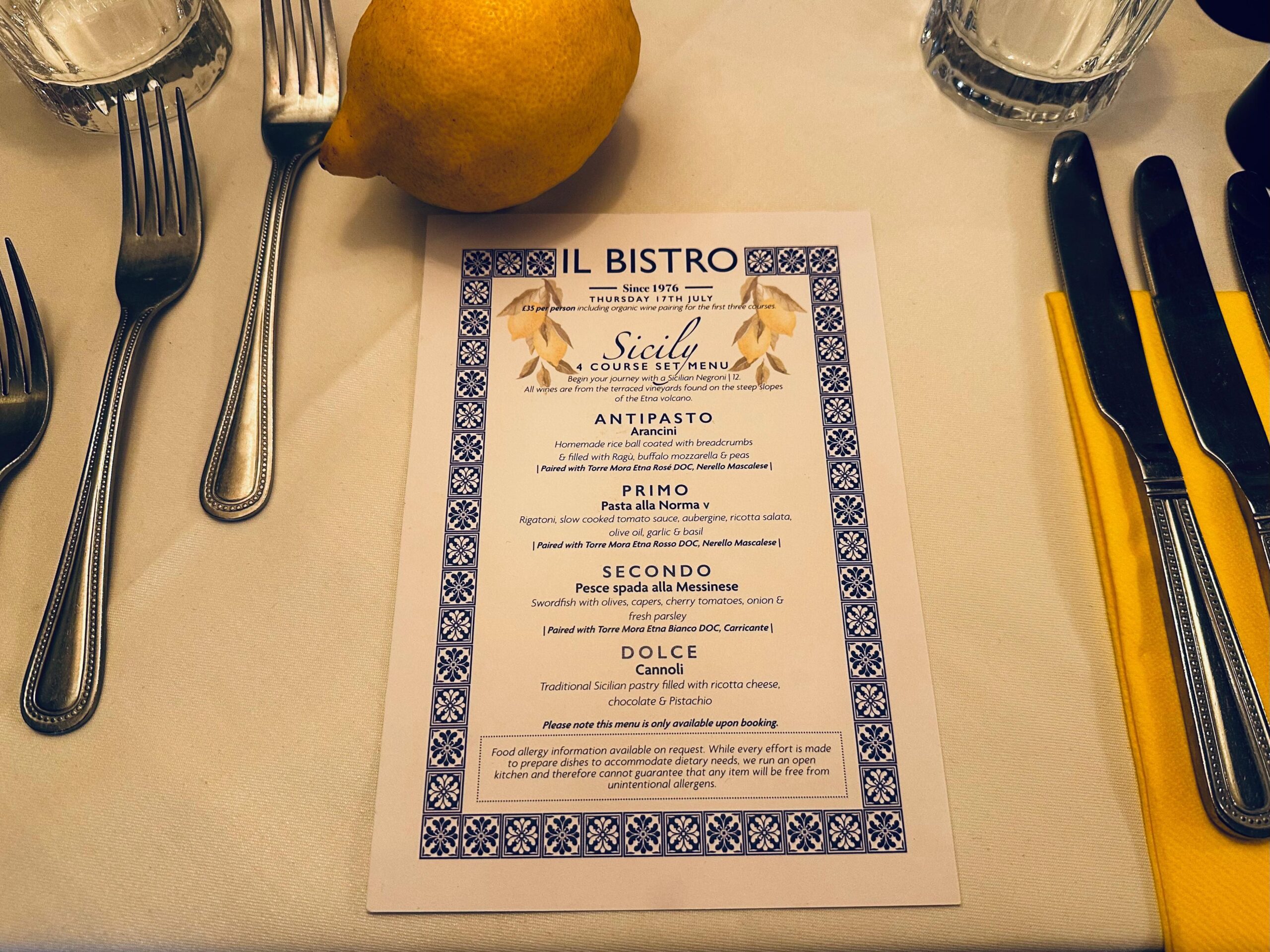 Over head shot of Il Bistro menu