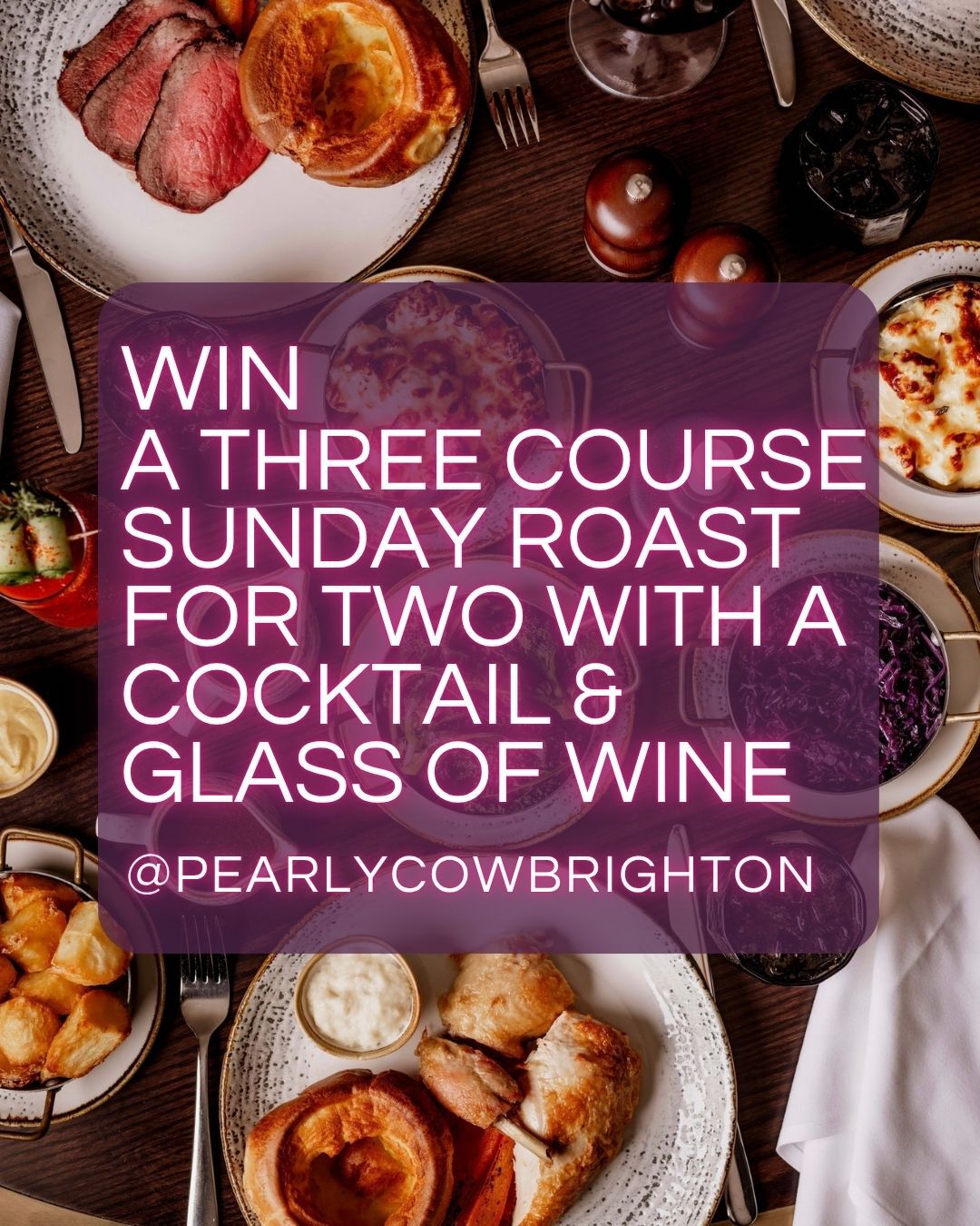 win a three course sunday roast for two with a cocktail and a glass of wine