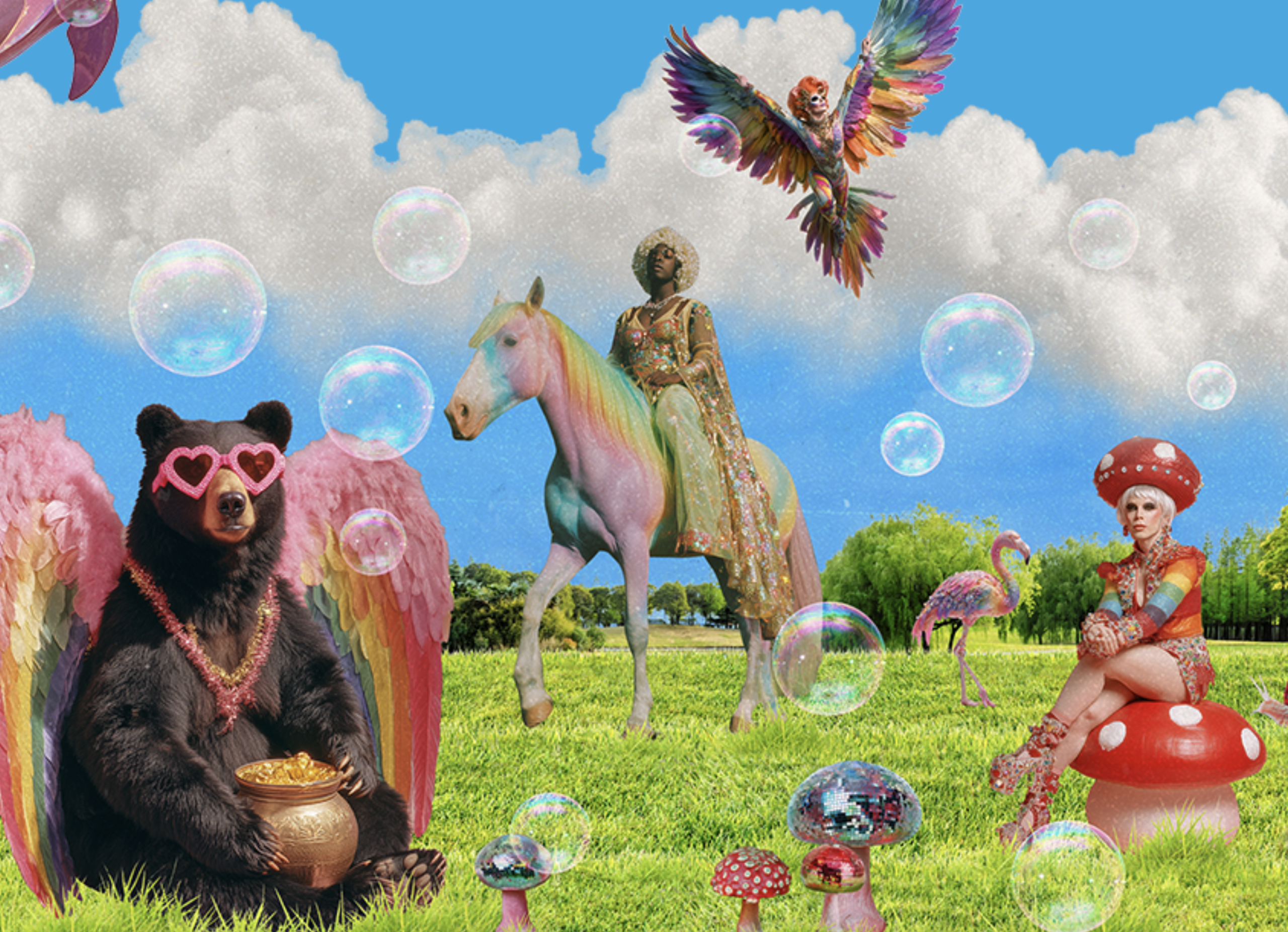 Brighton Pride 2026 artwork - Seagulls, bears, toadstools