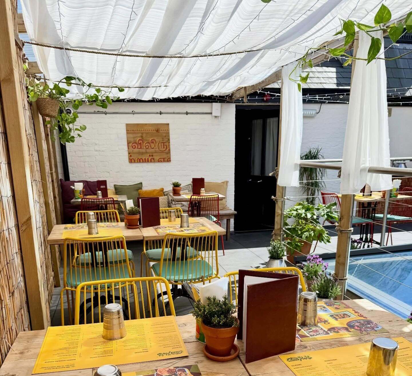 The Chilli Picjle Roof Terrace. Indian restaurant in Brighton's Lanes, with garden area above the restaurant